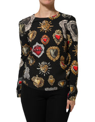 Black Sacred Heart Print Long Sleeves Top