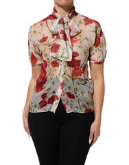 White Floral Tie-Neck Poppy Print Blouse Top