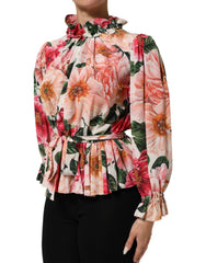 Pink Floral Printed Silk Ruffled Blouse Top