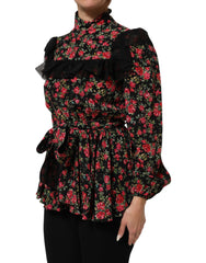 Black Floral Print Long Sleeve Blouse Top