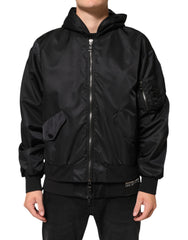 Black Nylon Hooded Full Zip Bomber Men Jacket