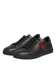 Black Leather Crystal Heart Sneakers Shoes