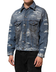 Blue Cotton Tattered Denim Blouson Jacket