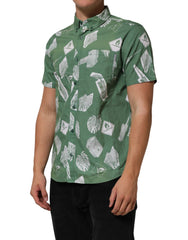 Green Printed Cotton Collared Short Sleeves Polo Shirt