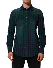 Green Checkered Cotton Button Down Long Sleeves Shirt