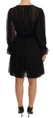 Black Silk Tulle Long Sleeve V-neck Dress
