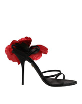 Black Leather Strappy Flower Heels Sandals Shoes