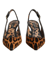 Brown Leopard Calfskin Fur Slingbacks Shoes
