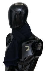 Dark Blue Wool Unisex Neck Wrap Fringes Logo Scarf
