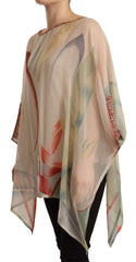 Silk Multicolor Printed Poncho Long Sleeves Women Blouse Top
