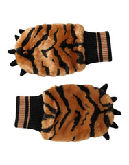 Brown Tiger Knitted Fur Wrist Mitten One Size Gloves