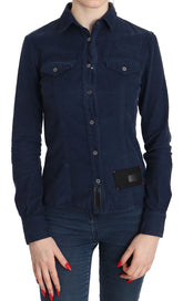 قميص قطني أزرق طويل الأكمام من القطيفة