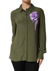 Top Green Acetate Collared Long Sleeves Floral Top