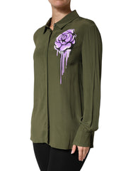 Top Green Acetate Collared Long Sleeves Floral Top