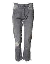 Gray Tattered Mid Waist Men Straight Denim Trouser Jeans