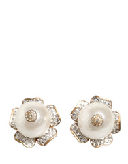 Gold Tone Maxi Faux Pearl Floral Clip-on Jewelry Earrings