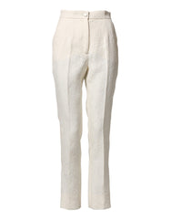 White Cotton Floral Brocade Dress Pants