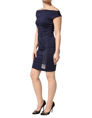 Blue Viscose Embellished Off Shoulder Mini Dress