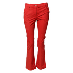 Red Flared Mid Waist Chino Casual Trouser Pants
