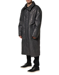 Black Leather Collared Trench Coat Jacket
