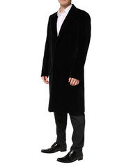 Black Cotton Velvet Long Trench Coat Jacket