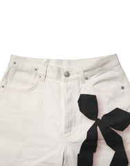 White Straight Bow Details Denim Casual Jeans