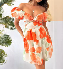 Women's Printed Hollow Out V-neck Puff Sleeve Dress