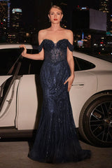 Beaded Off The Shoulder Fit & Flare Gown-3