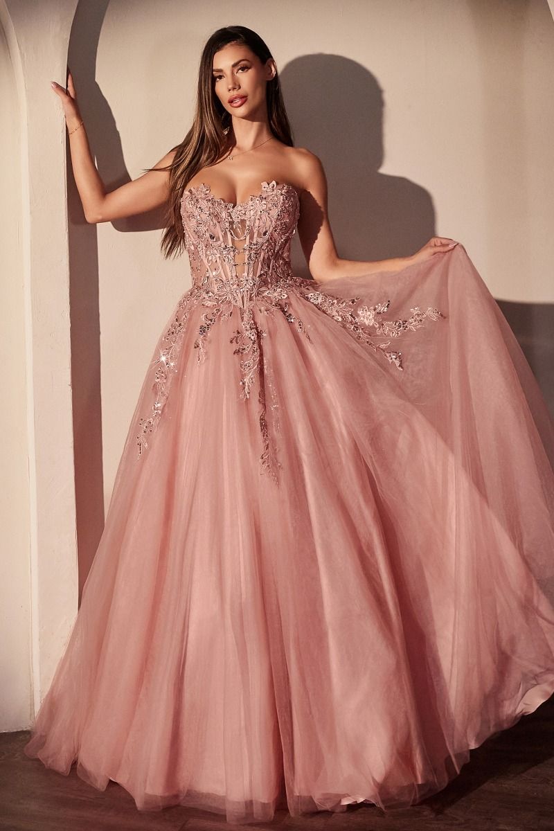 Strapless Pink Ball Gown With Floral Applique-0