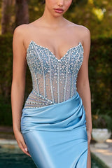 Strapless Beaded Bodice & Satin Skirt Fitted Dress-2