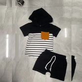 New Hooded Small Pocket Striped Top And Shorts Suit