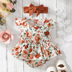 Sleeveless Small Floral Baby Girl Triangle Romper With Headgear