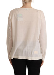 Off White Long Sleeves Round Neck Pullover Sweater