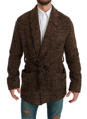 Brown Checkered Wool Robe Coat Wrap Jacket