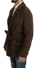 Brown Checkered Wool Robe Coat Wrap Jacket