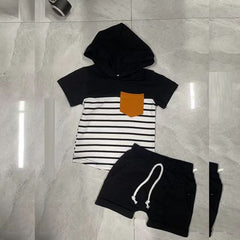 New Hooded Small Pocket Striped Top And Shorts Suit