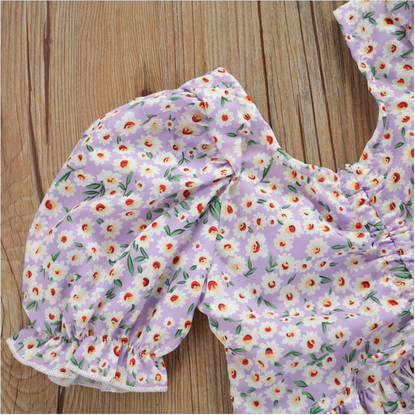 Simple Short-sleeved Floral Denim Shorts Suit