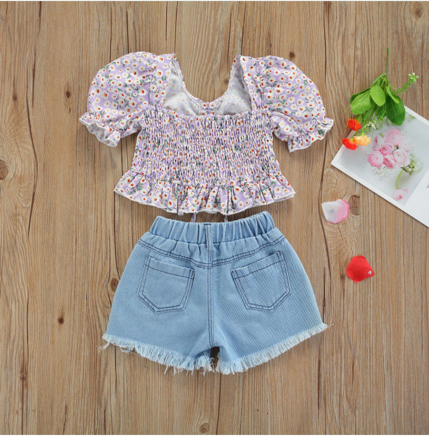 Simple Short-sleeved Floral Denim Shorts Suit