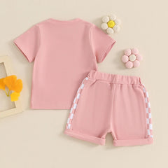 Girls Fashion Casual Plaid Printed Short Sleeve Suit