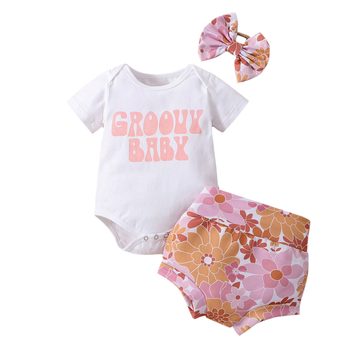 Solid Color Letter T-shirt Romper Hot Pants Suit With Headdress Flower