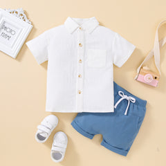 Boy's Short-sleeved Shirt Top Solid Color Shorts Two-piece Suit