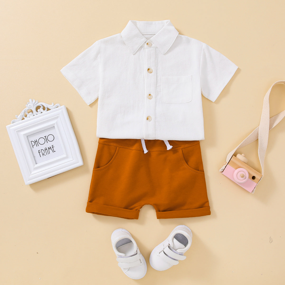 Boy's Short-sleeved Shirt Top Solid Color Shorts Two-piece Suit