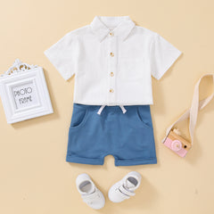 Boy's Short-sleeved Shirt Top Solid Color Shorts Two-piece Suit