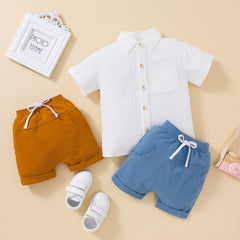 Boy's Short-sleeved Shirt Top Solid Color Shorts Two-piece Suit