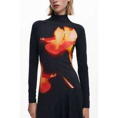Black Cotton Women's Dress with Turtleneck and Long Sleeves