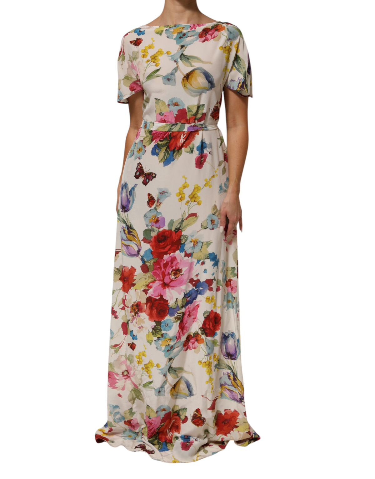 White Floral Print Silk Sheath Long Gown Dress