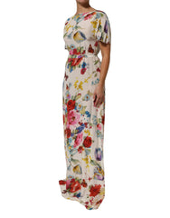 White Floral Print Silk Sheath Long Gown Dress