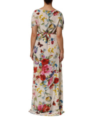White Floral Print Silk Sheath Long Gown Dress