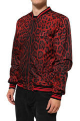 Red Leopard Print Full Zip Bomber Jacket