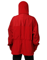 Red Nylon Hooded Men Full Zip Parka Jacket